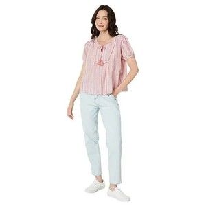 Lucky Brand Womens Stripe Split Neck Cotton & Linen Blouse